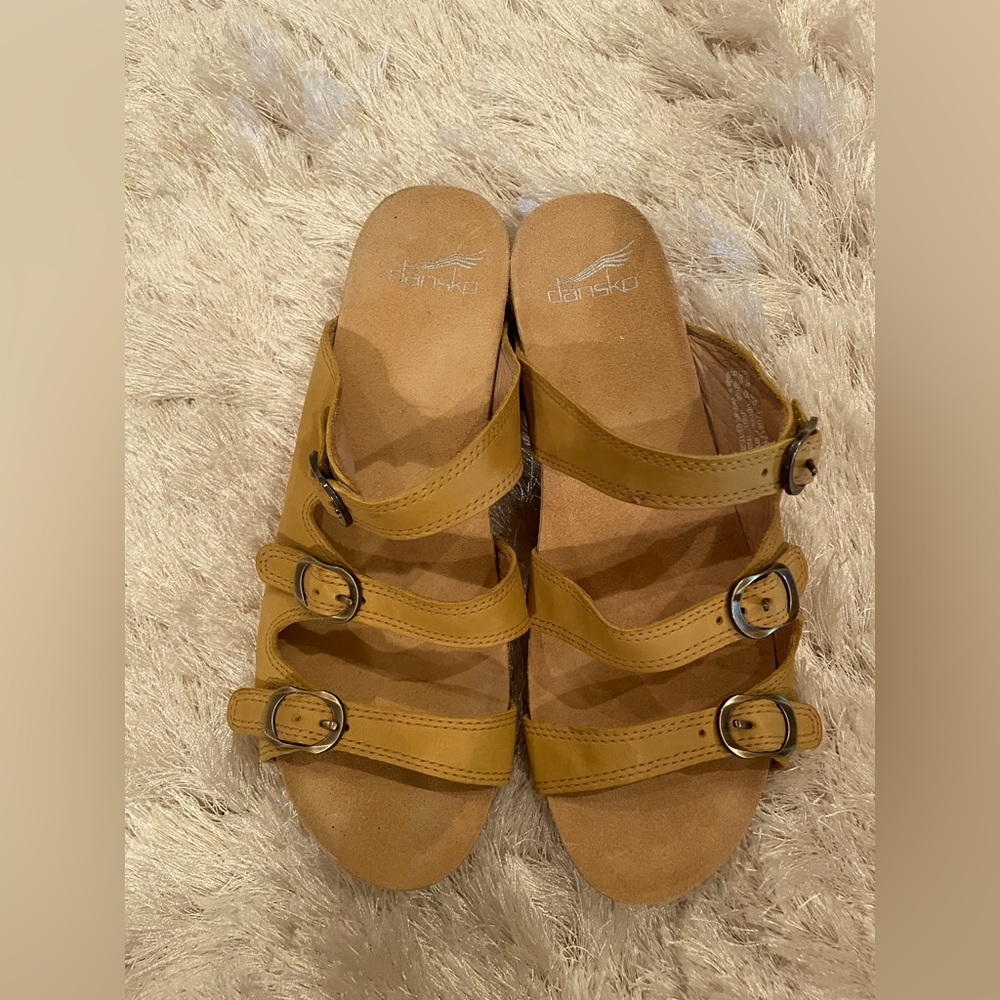 Dansko open toe 3 strapped buckle closures.  Like new